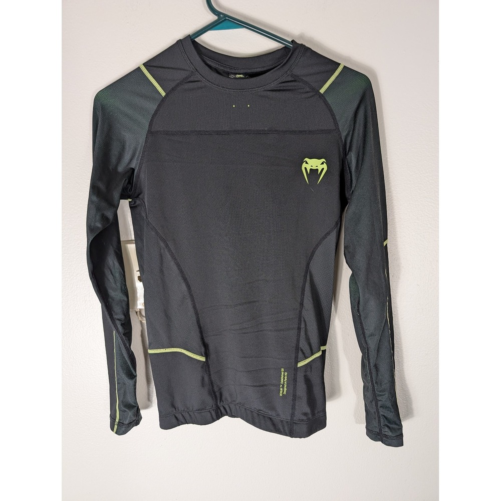 Venum Mens Medium MMA BJJ Rash Guard Compression Shirt Black Green Long Sleeve